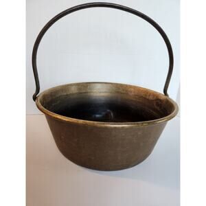 Antique Brass w Patina Cauldron Jam Pot Lg Hearth Kettle Forged w Handle Decor